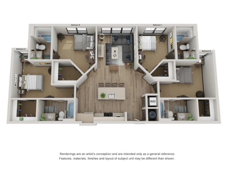 Canvas Apartment 1 bed, 1 bath in at 4 bed, 4 bath